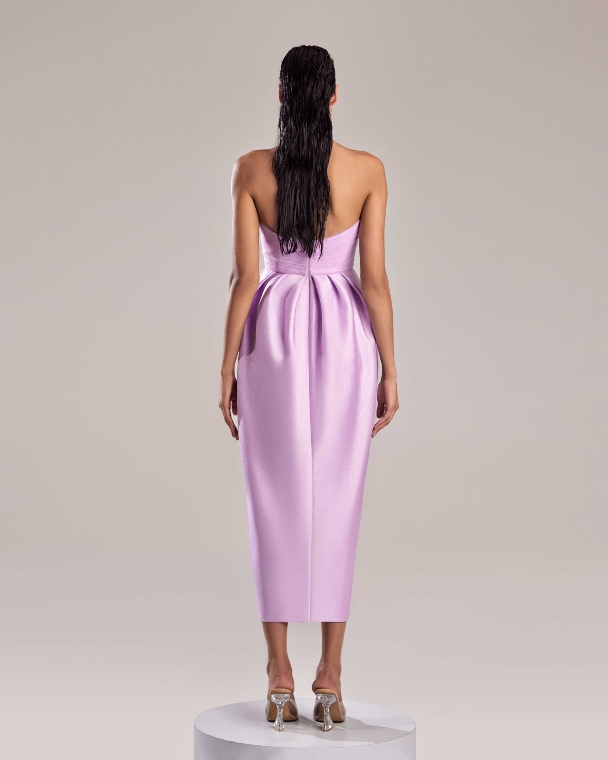 Lilac Strapless Dress with Bow Detail and Draped Skirt