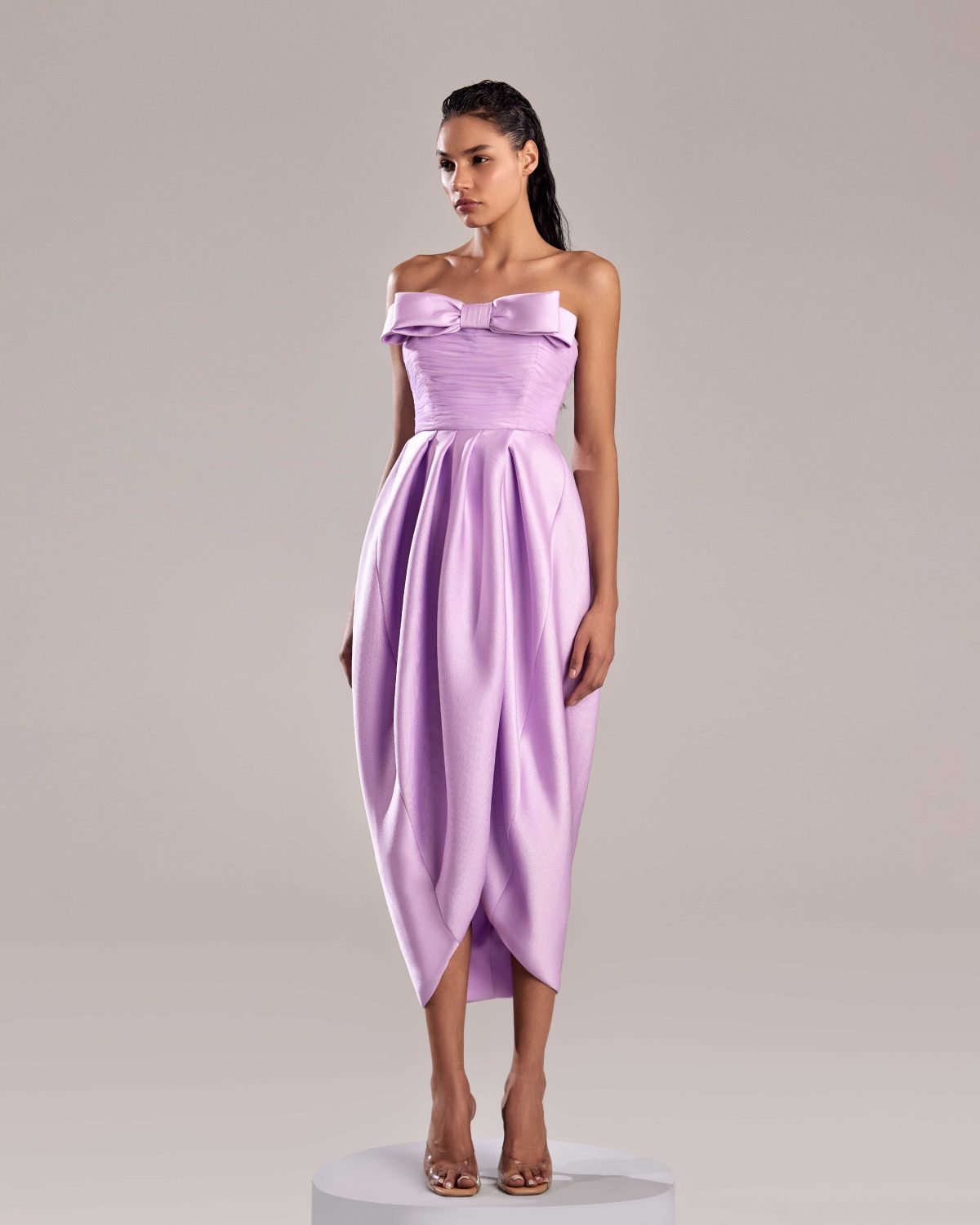 Lilac Strapless Dress with Bow Detail and Draped Skirt