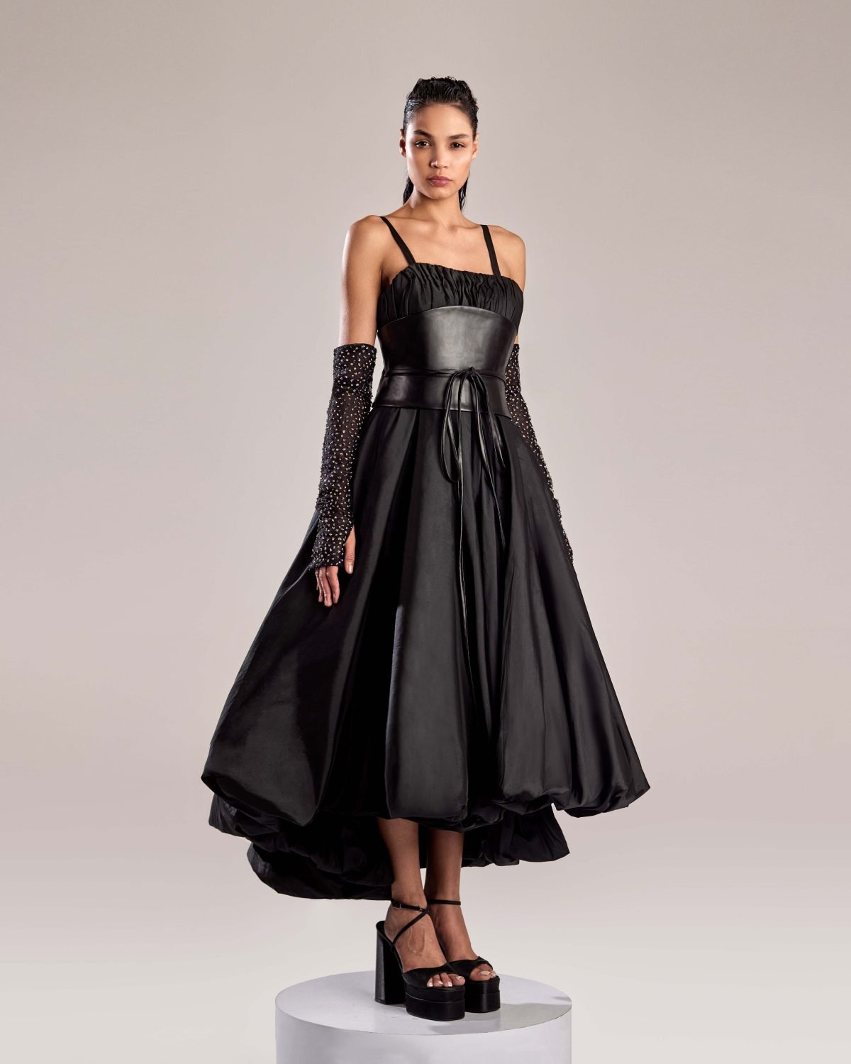 Elegant Black Taffeta Dress with Belted Waist and Crystallized Sleeves