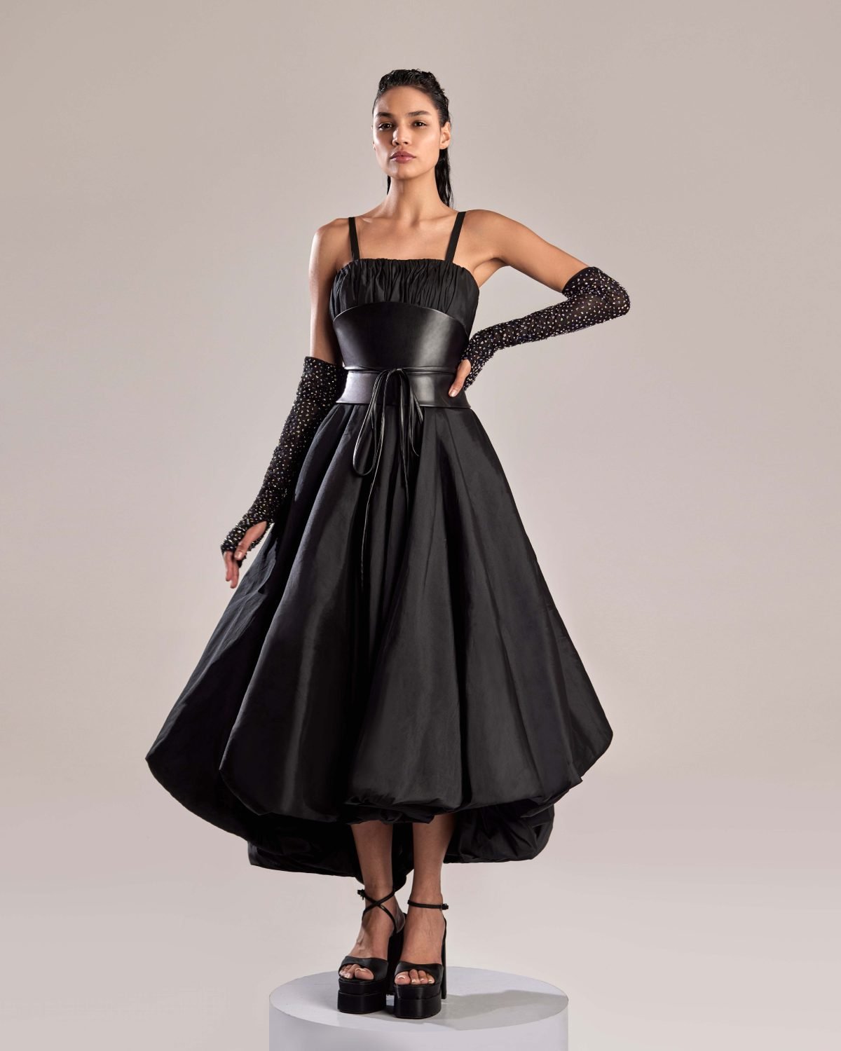Elegant Black Taffeta Dress with Belted Waist and Crystallized Sleeves