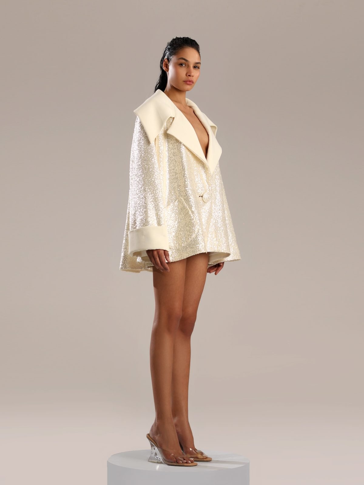 Glamorous Gold Sequin Jacket with White Taffeta Collar