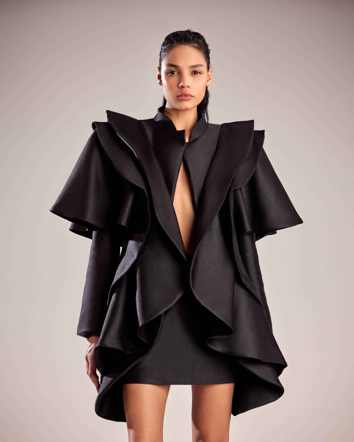 Avant-Garde Black Mikado Piqué Jacket with Dramatic Ruffles
