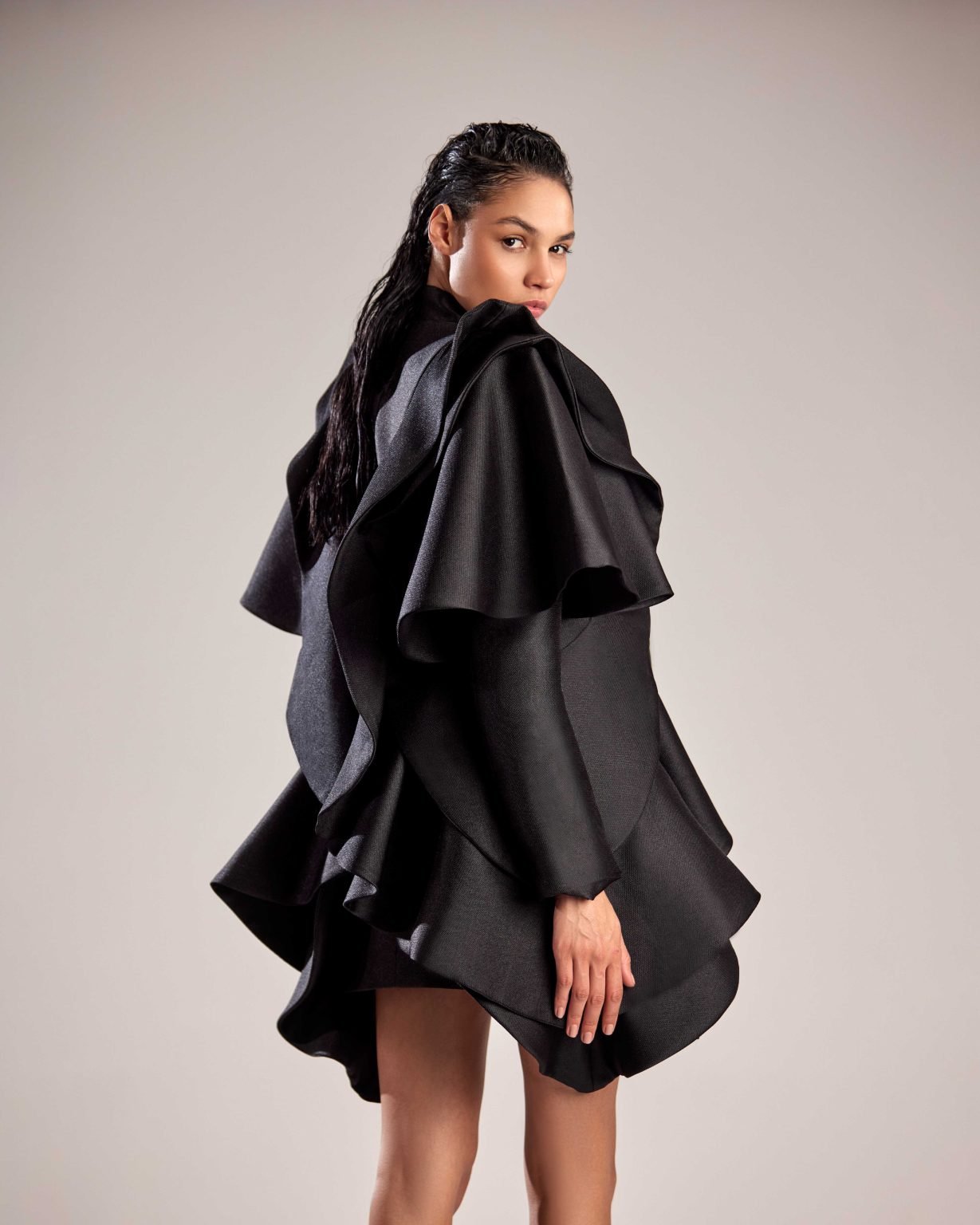 Avant-Garde Black Mikado Piqué Jacket with Dramatic Ruffles