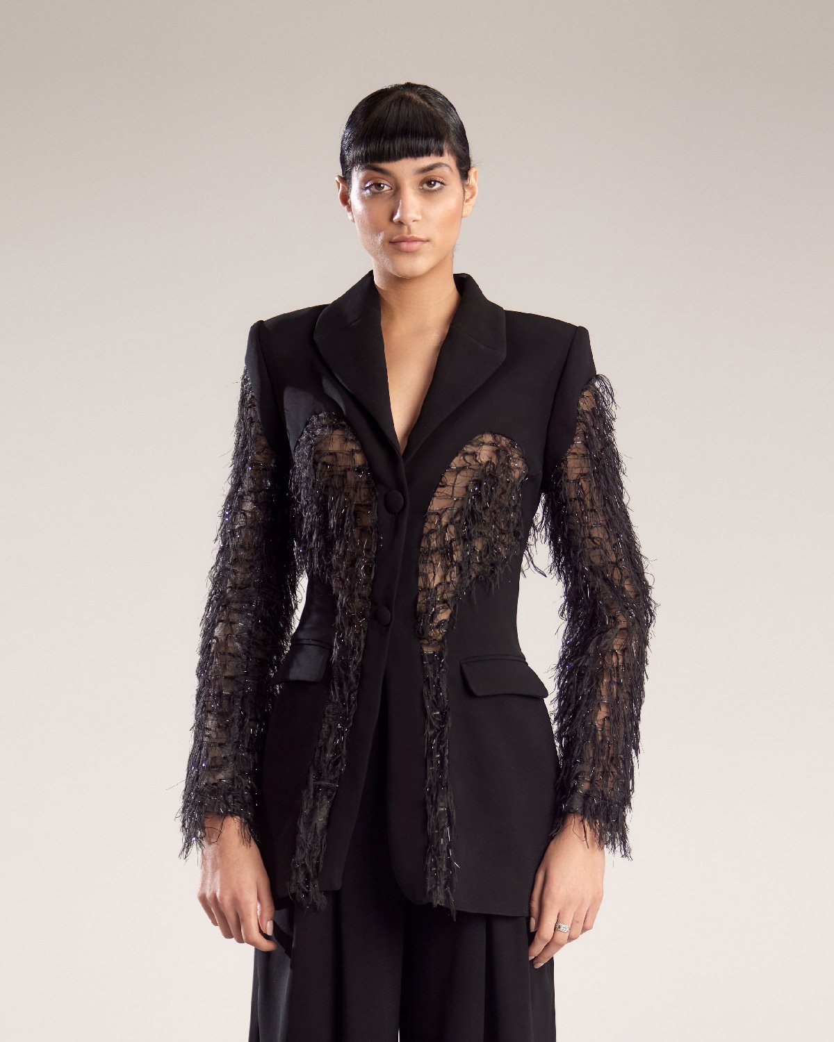 Black Feathered Cut out Jacket