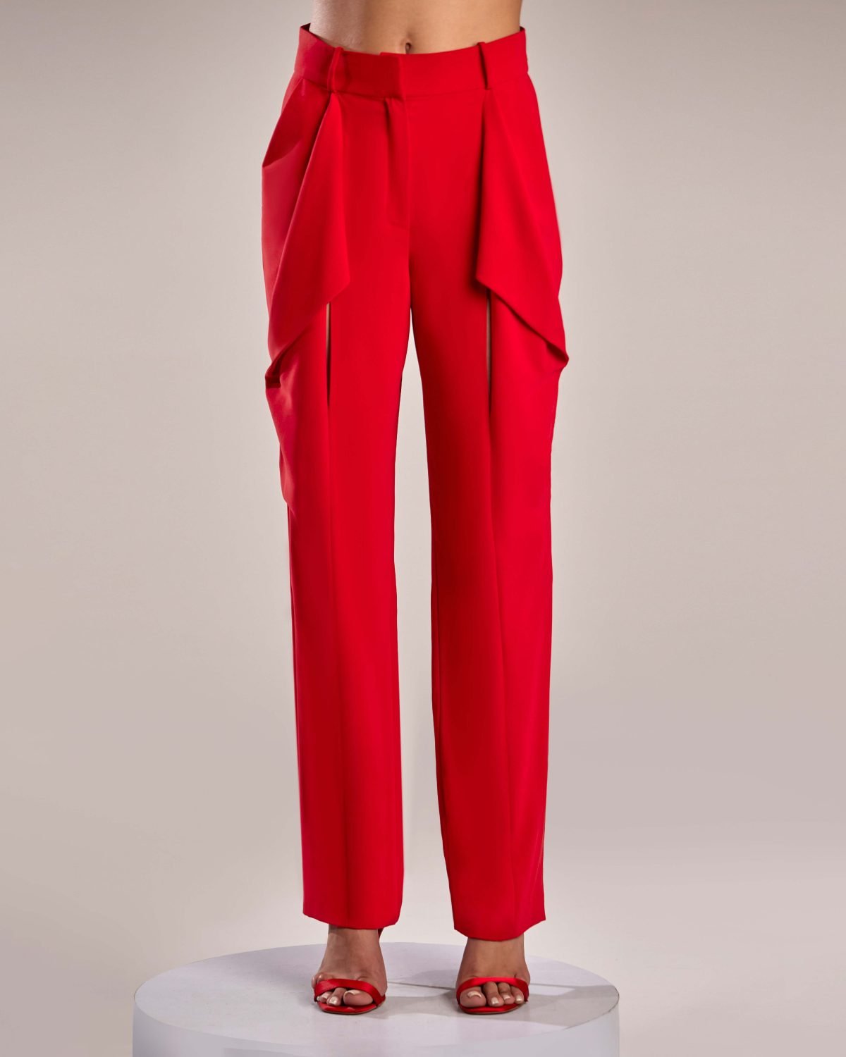 Bold Red Crepe Pants with Draped Overlay
