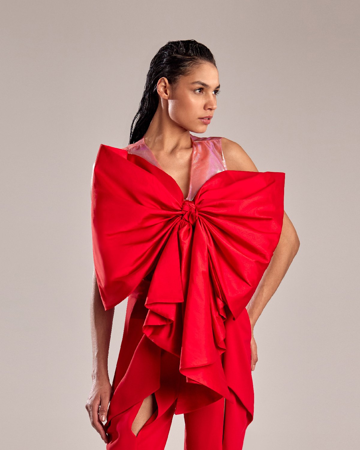 Red Taffeta Top with Iridescent Accents and See-Through Back