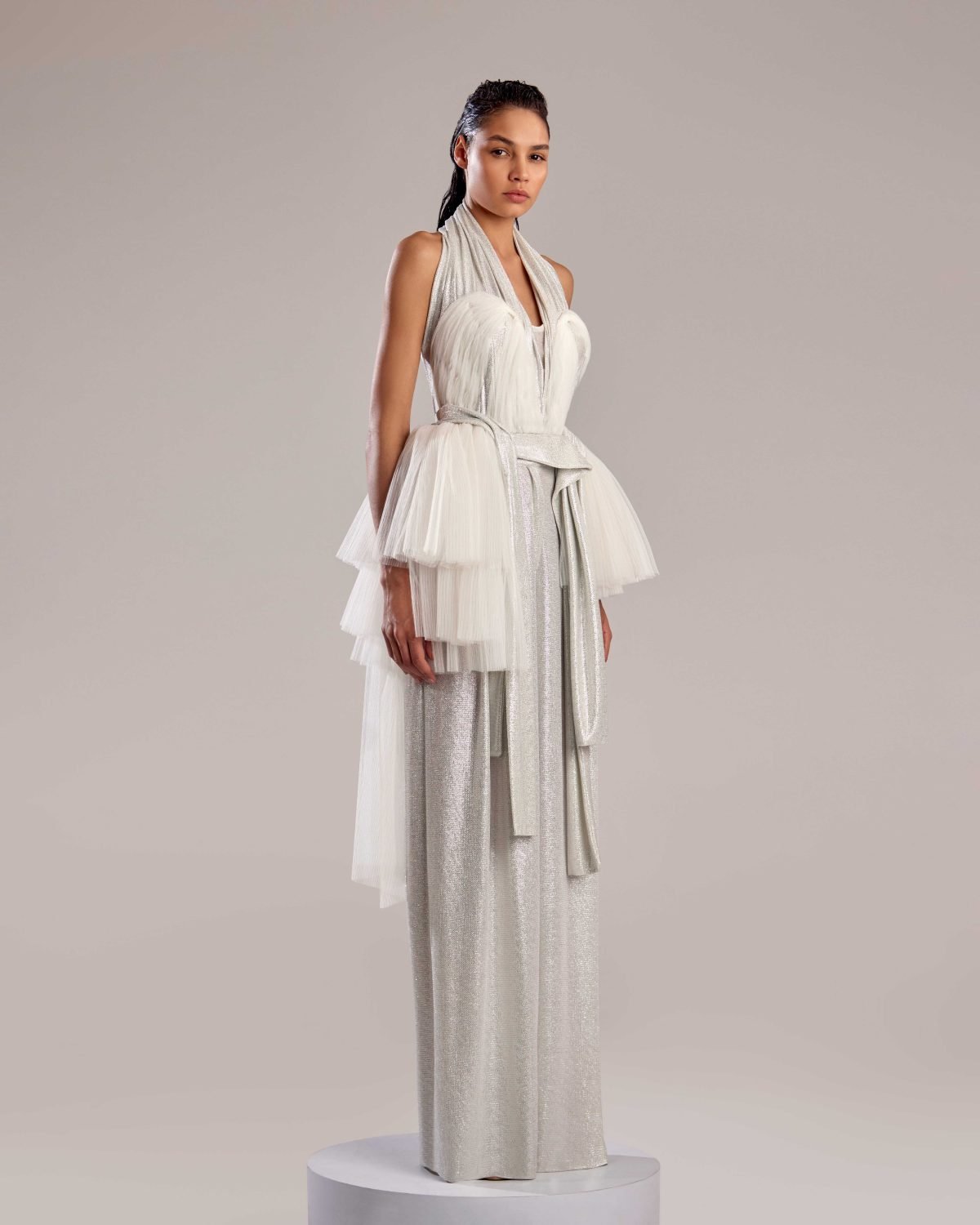 Silver Metallic Fabric Top with Pleated Tulle Accents