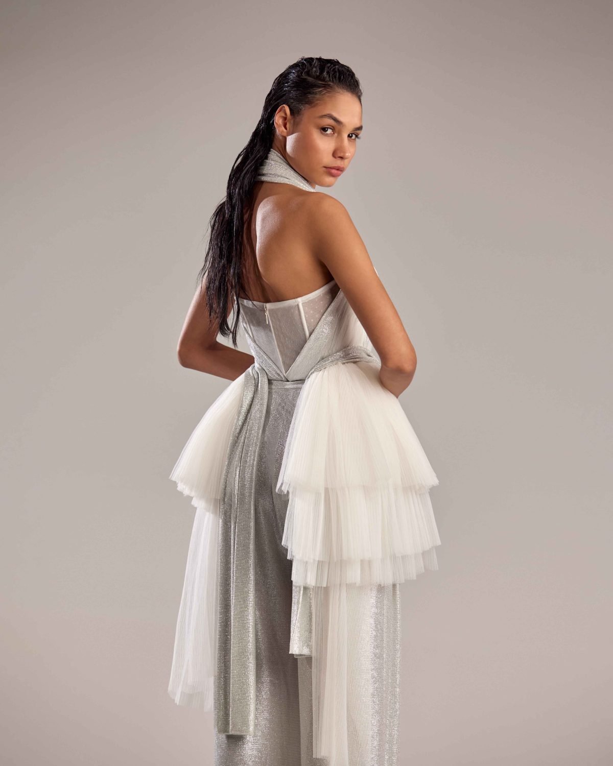 Silver Metallic Fabric Top with Pleated Tulle Accents