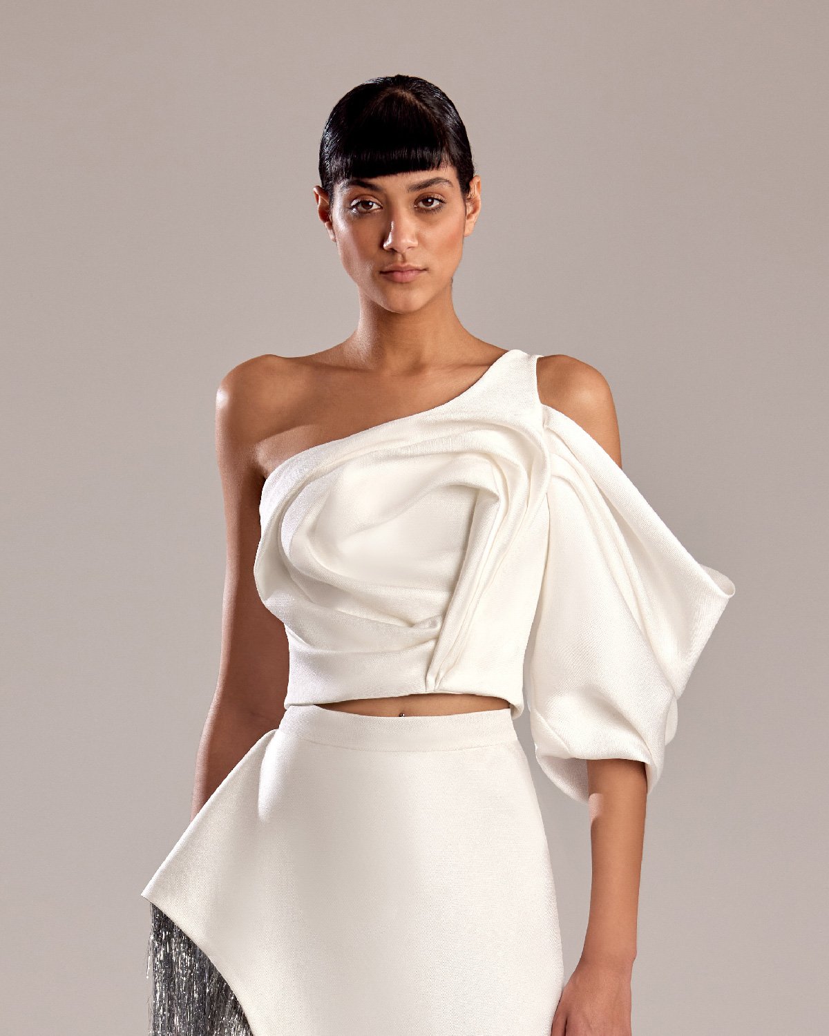 Elegant White Mikado Piqué Top with Sophisticated Draping