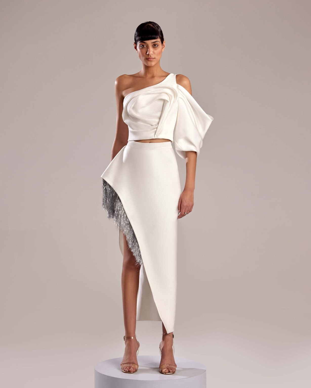 Elegant White Mikado Piqué and Feathered Silver Skirt