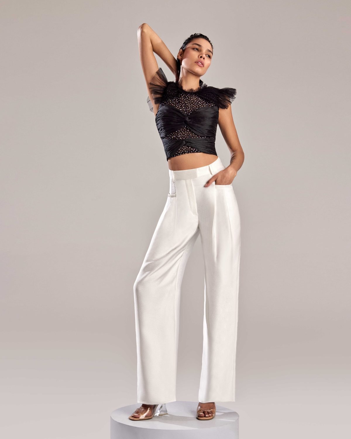 Elegant Metallic Silver Flared Wide-Leg Pants