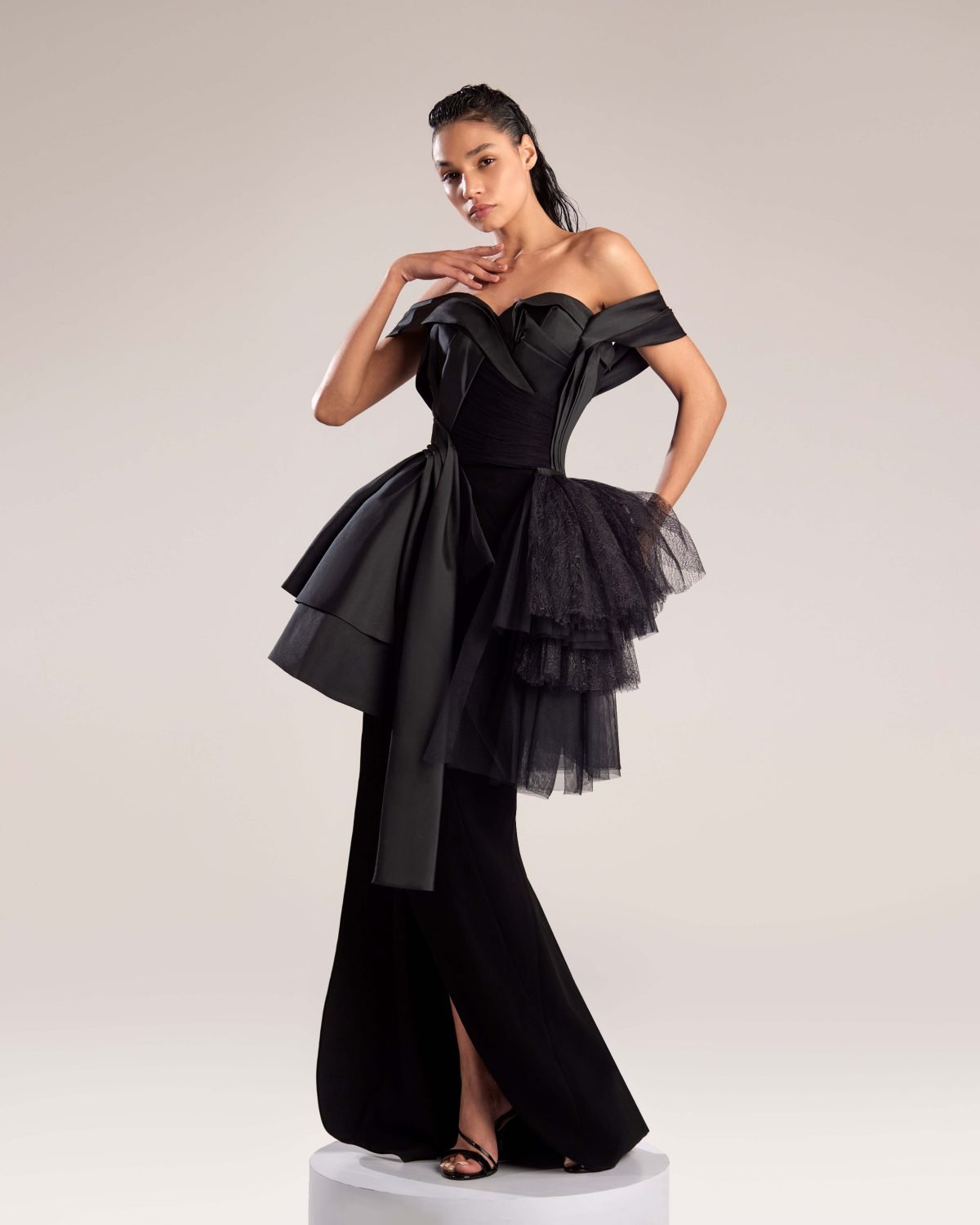 Sleek Black Crepe Skirt with High Slit and Diagonal Seams