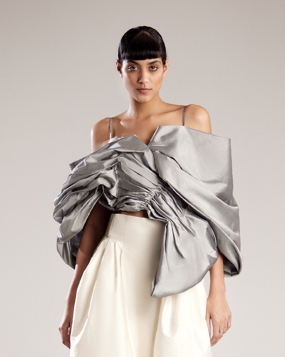 Luxurious Silver Taffeta Top with Dramatic Folds for a Glamorous Look