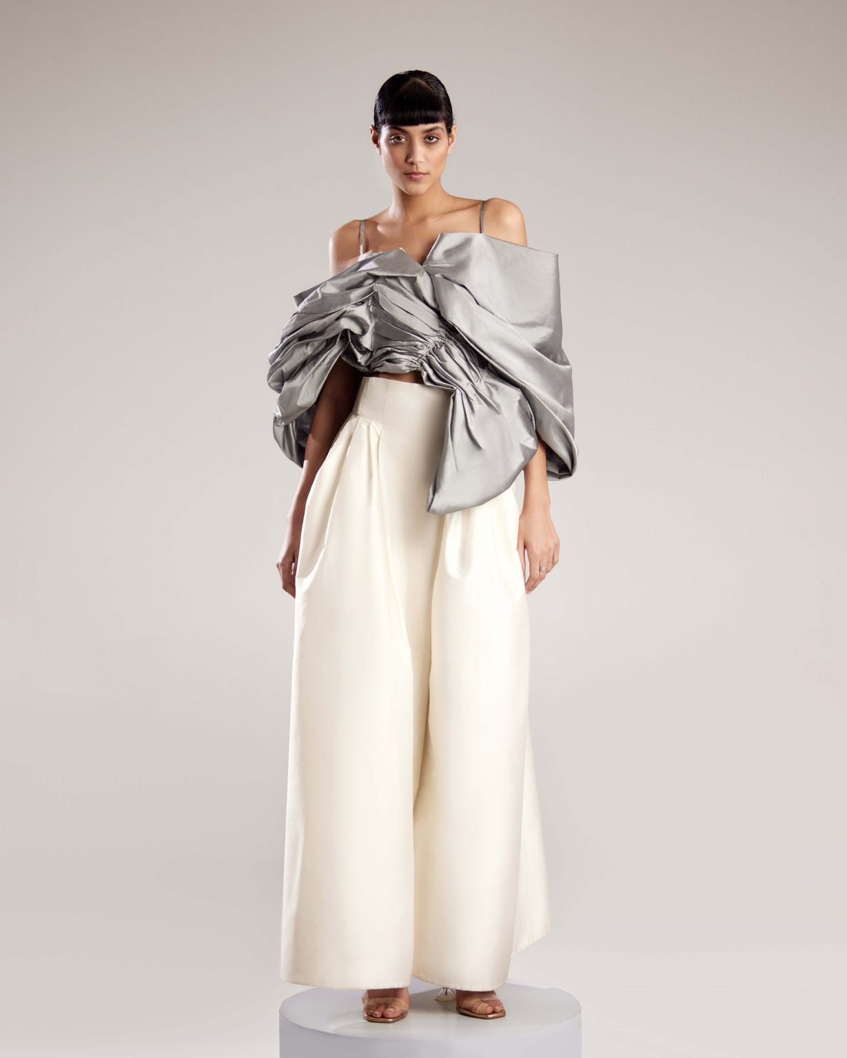 Elegant High-Waisted Pleated White Taffeta Jupe-Culotte