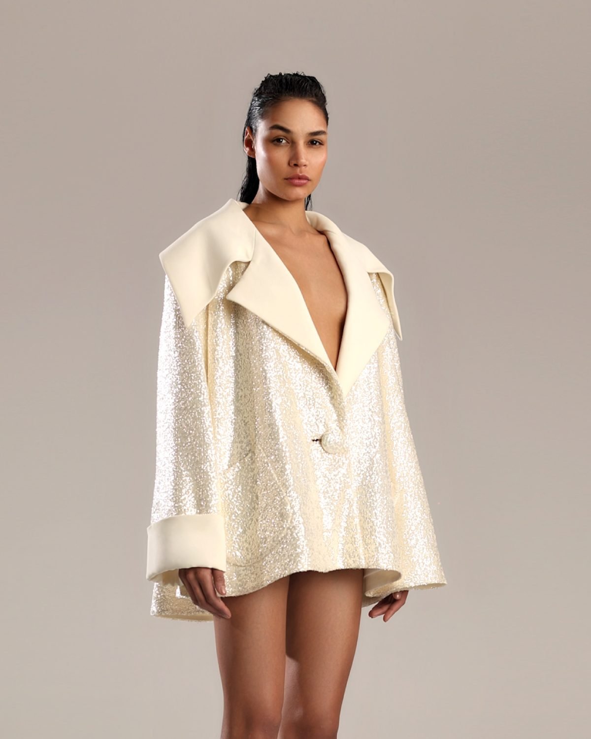 Glamorous Gold Sequin Jacket with White Taffeta Collar
