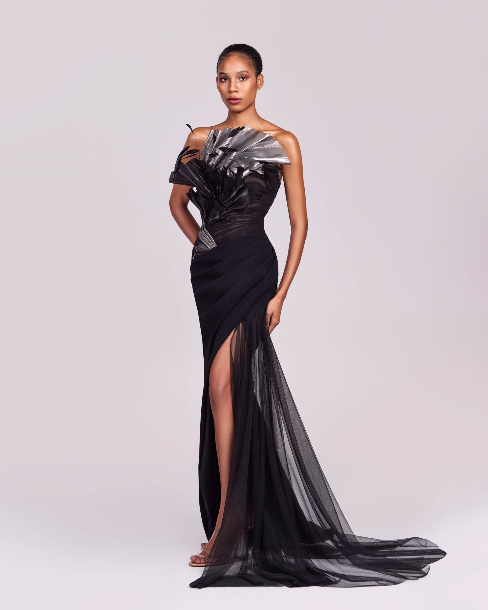 Enchanting Feathered Neckline Black Metallic Dress - Black, 36