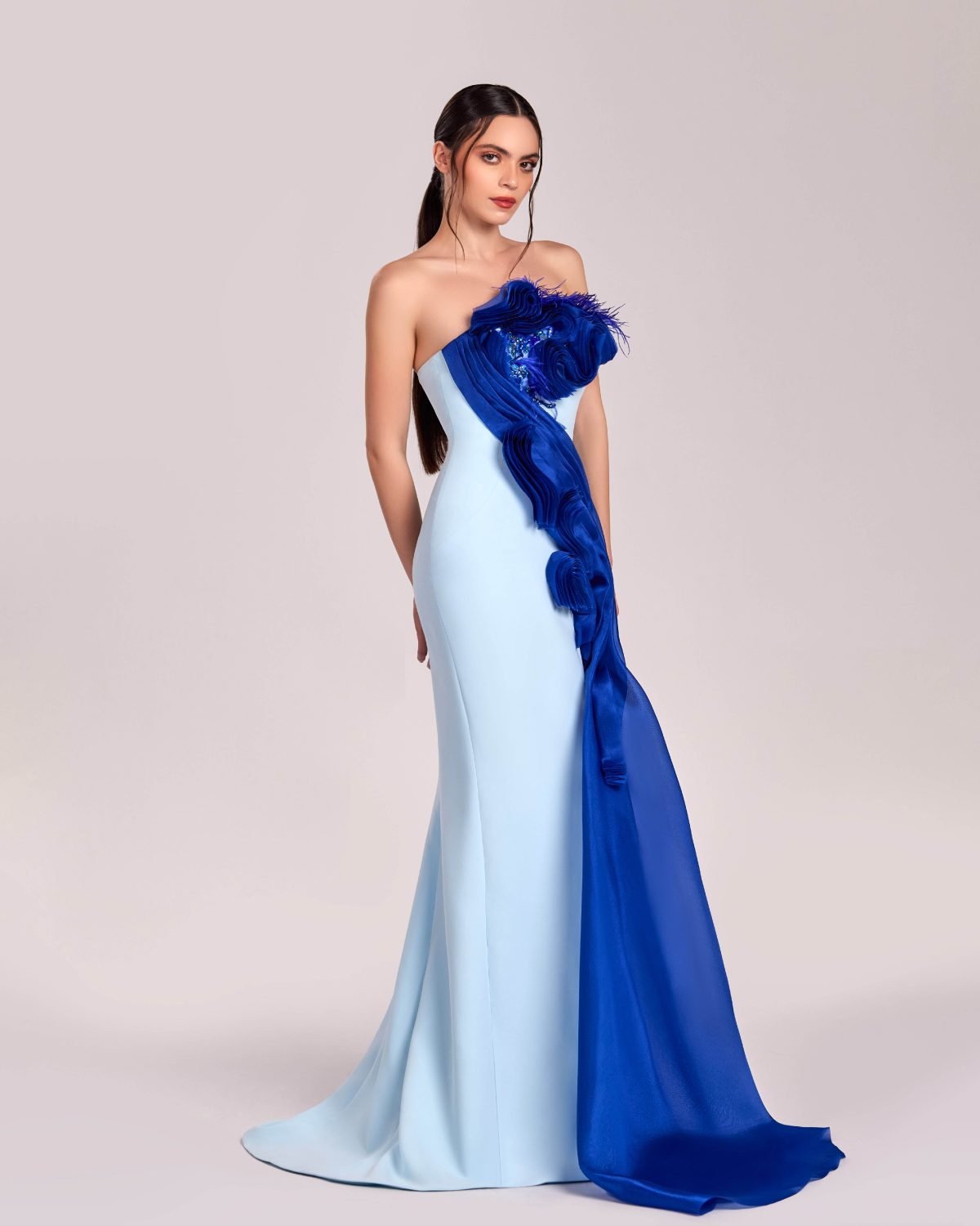 Chic Ice Blue Gown with Royal Blue Organza and Crystal Accents