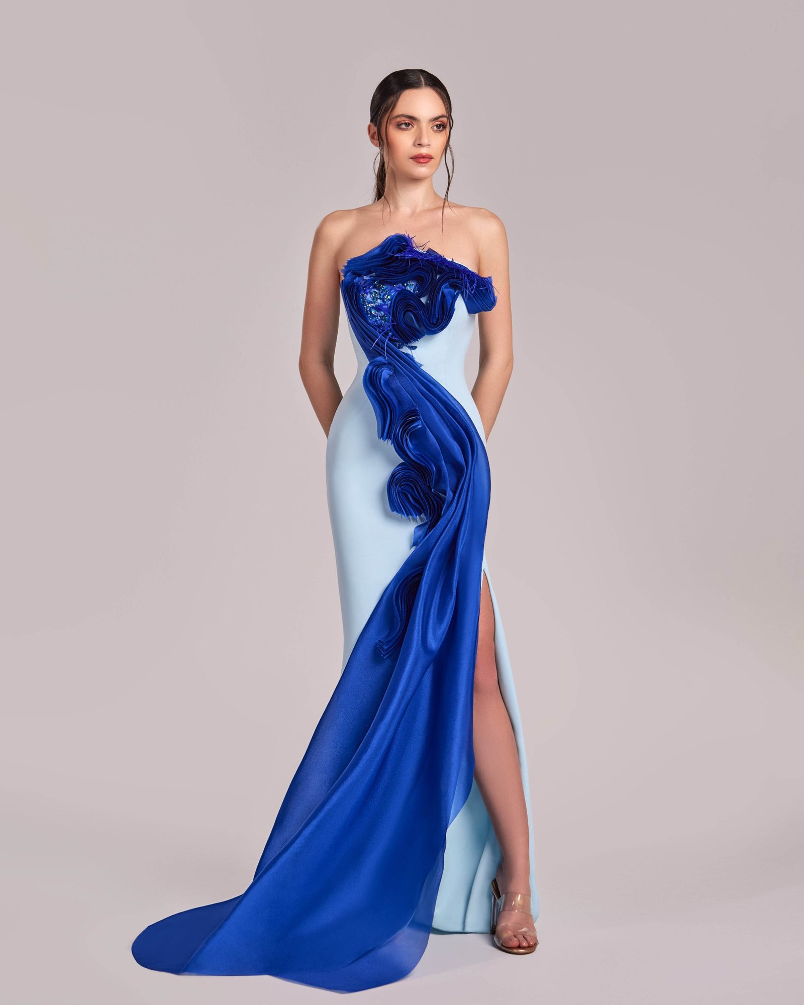 Chic Ice Blue Gown with Royal Blue Organza and Crystal Accents