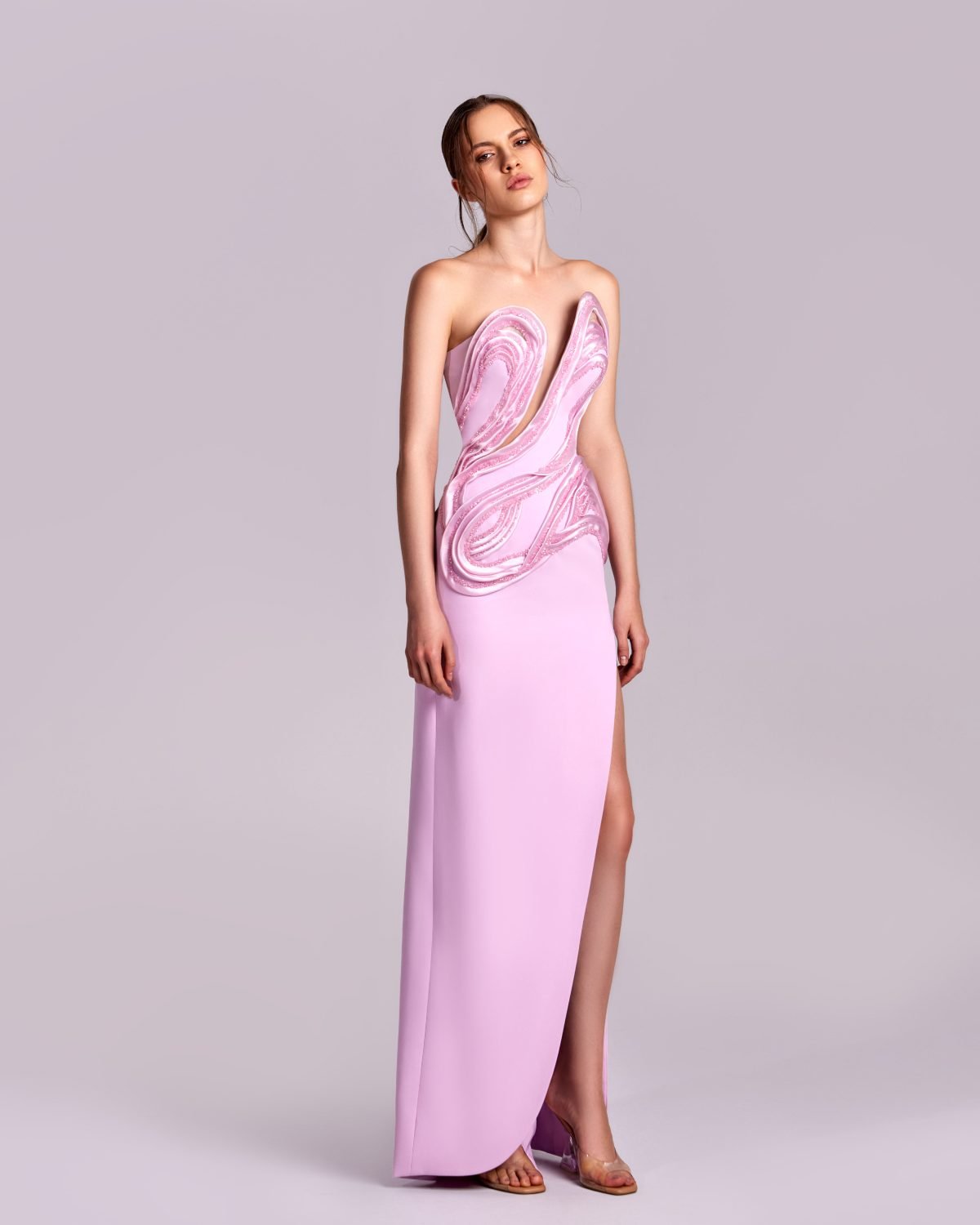Sculptured Pink Dress with Organza and Crystal Inserts