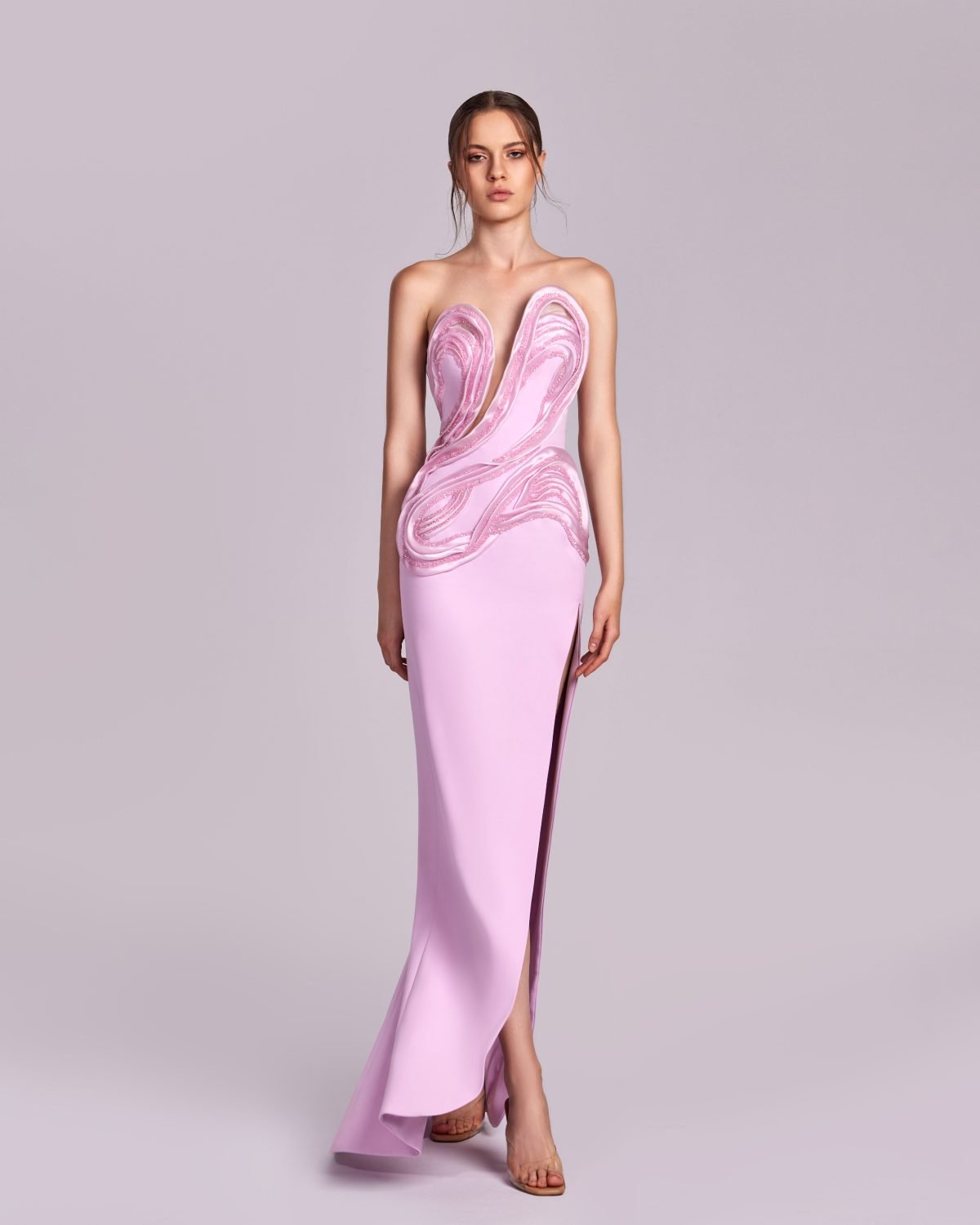 Sculptured Pink Dress with Organza and Crystal Inserts