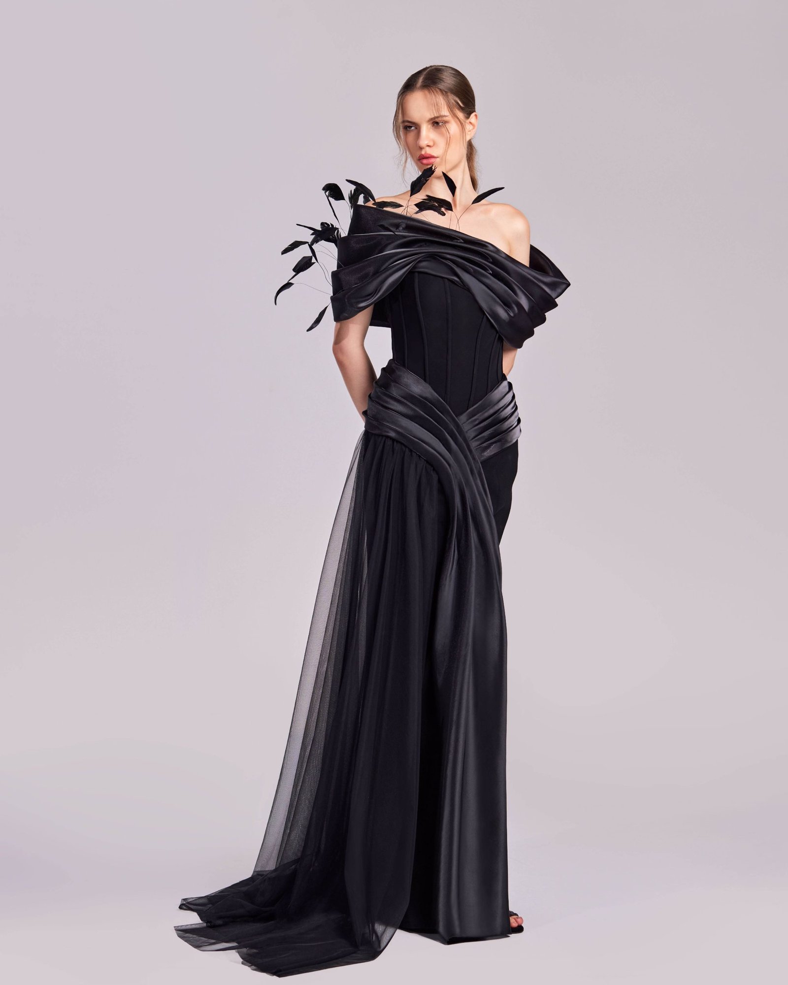 Black Corset Dress with Feathered Off-Shoulders