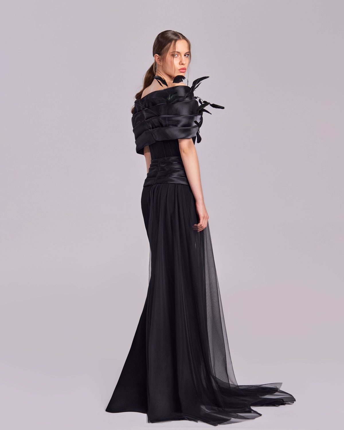 Black Corset Dress with Feathered Off-Shoulders