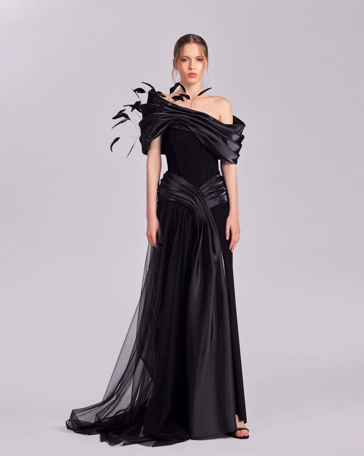 Black Corset Dress with Feathered Off-Shoulders