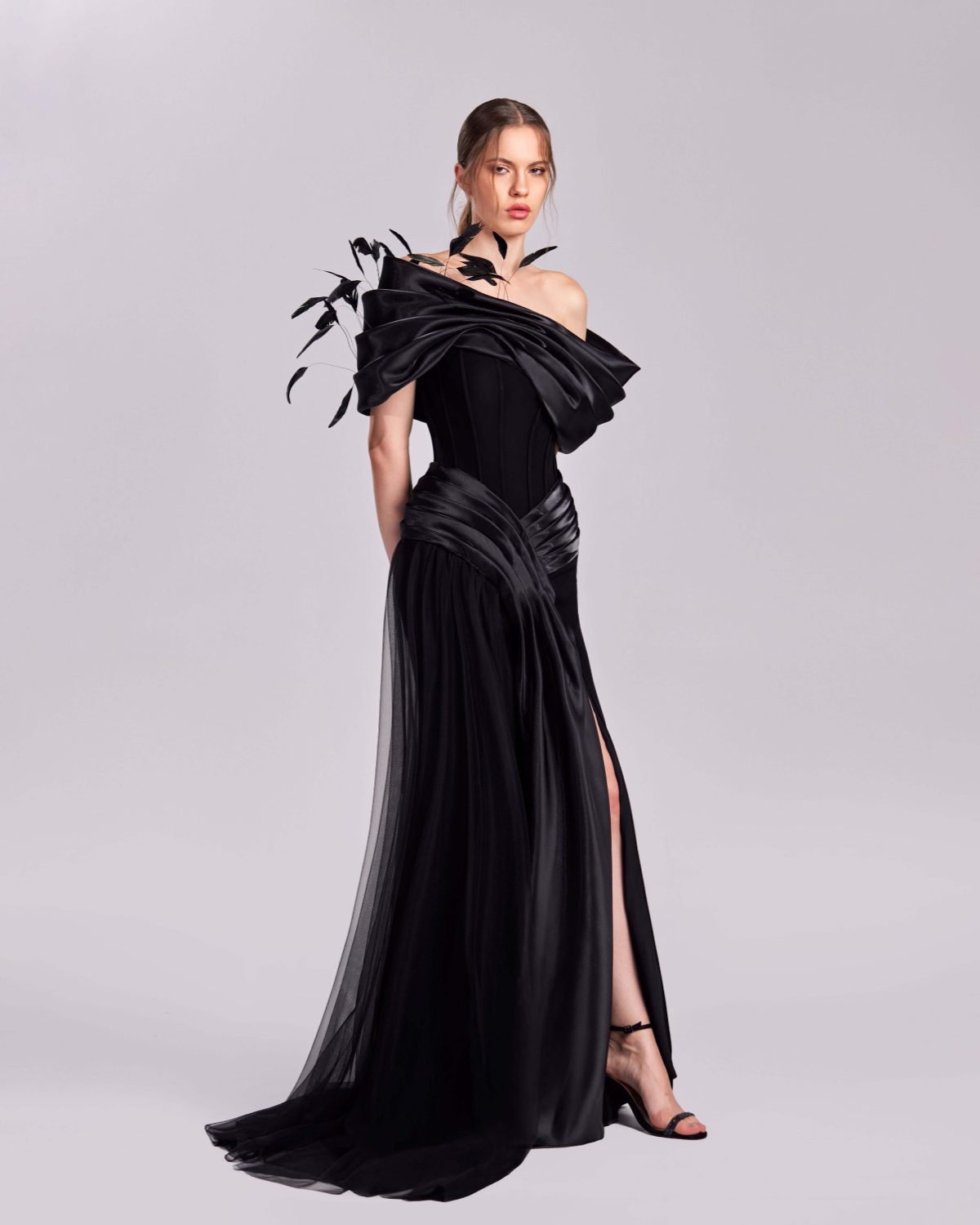 Black Corset Dress with Feathered Off-Shoulders