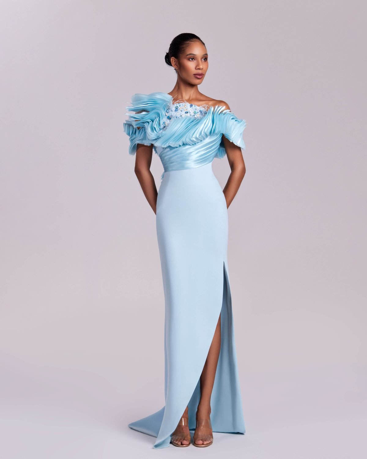 Ethereal Pleated Off-Shoulders Dress with a Crystalized and Feathered Bodice