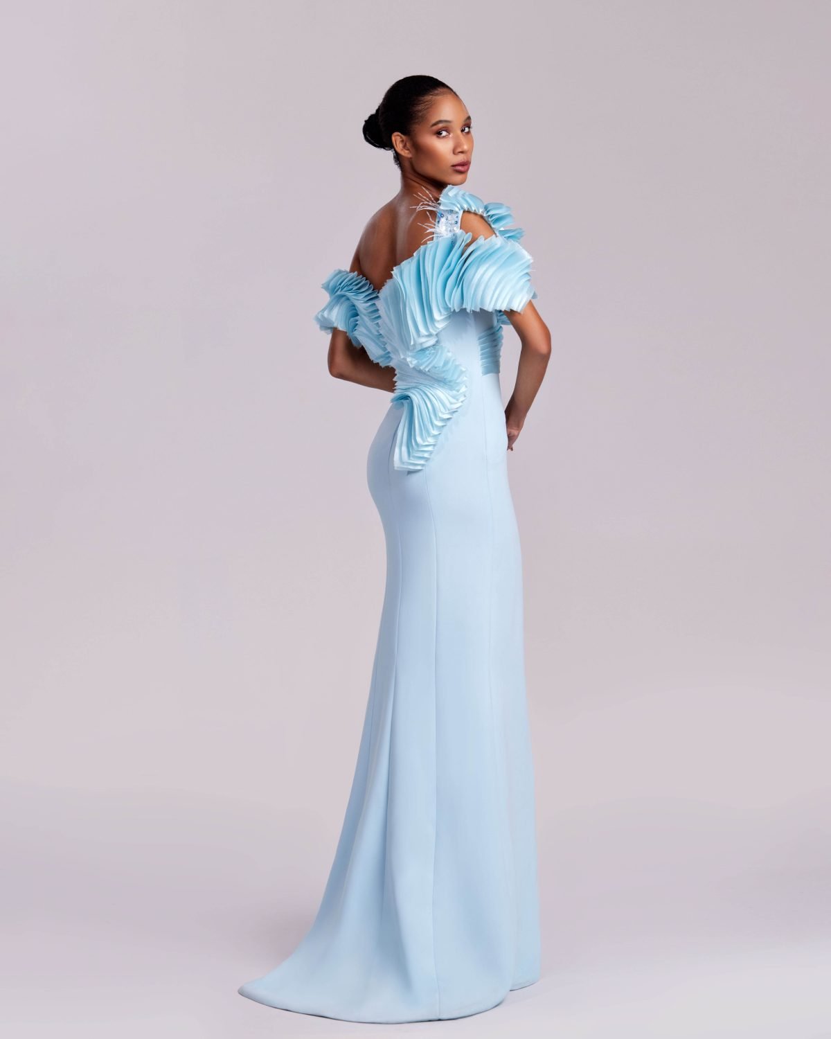 Ethereal Pleated Off-Shoulders Dress with a Crystalized and Feathered Bodice