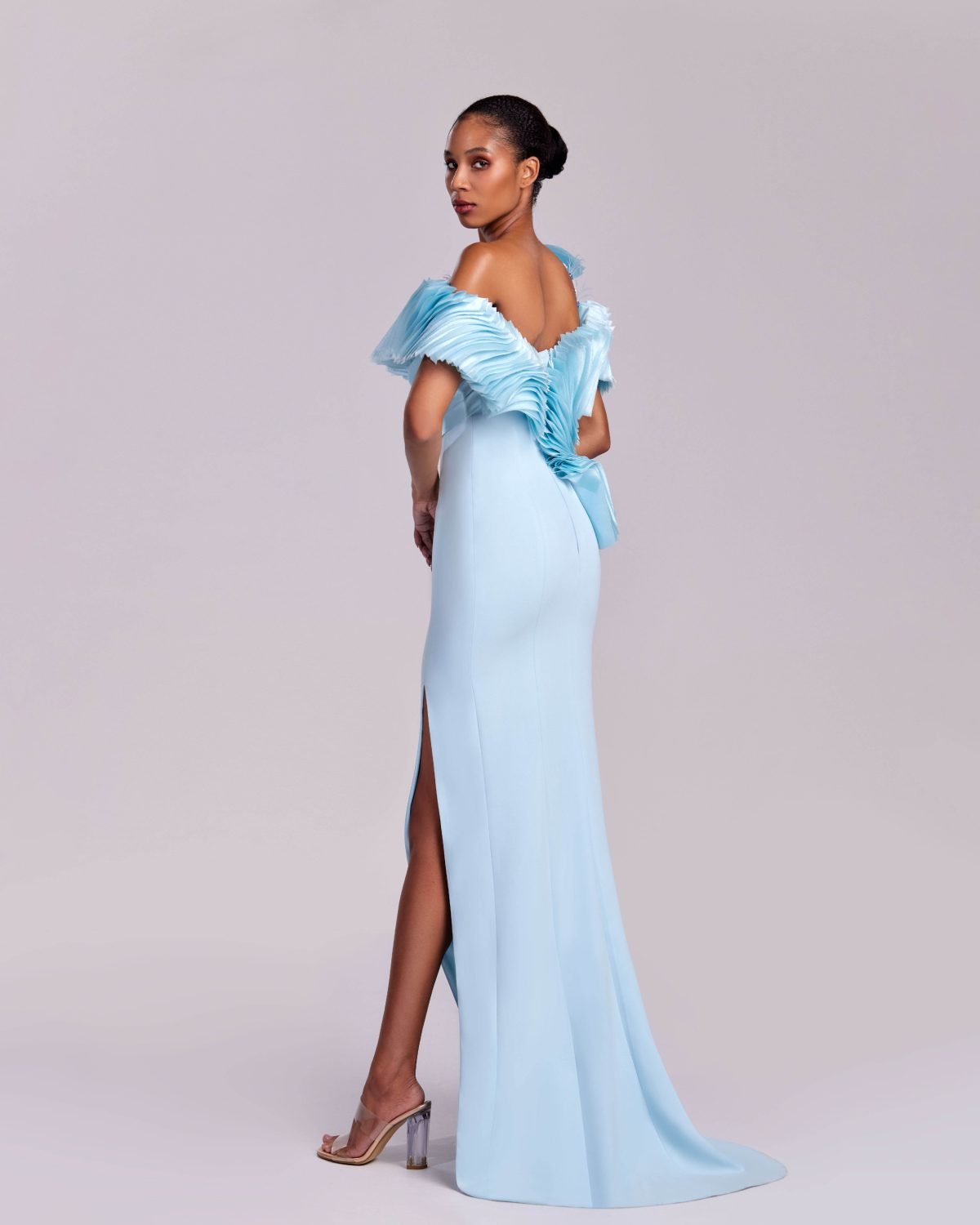 Ethereal Pleated Off-Shoulders Dress with a Crystalized and Feathered Bodice