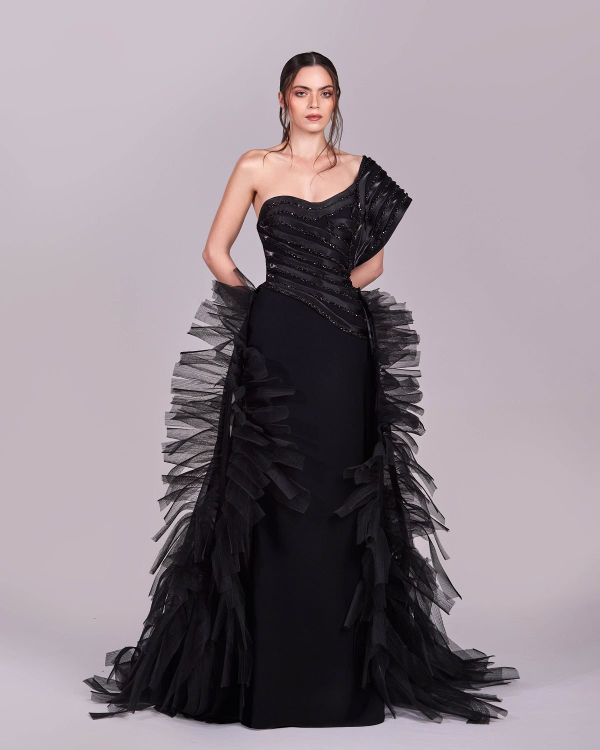 Removable Overskirt, Striped Organza and Lace Gown