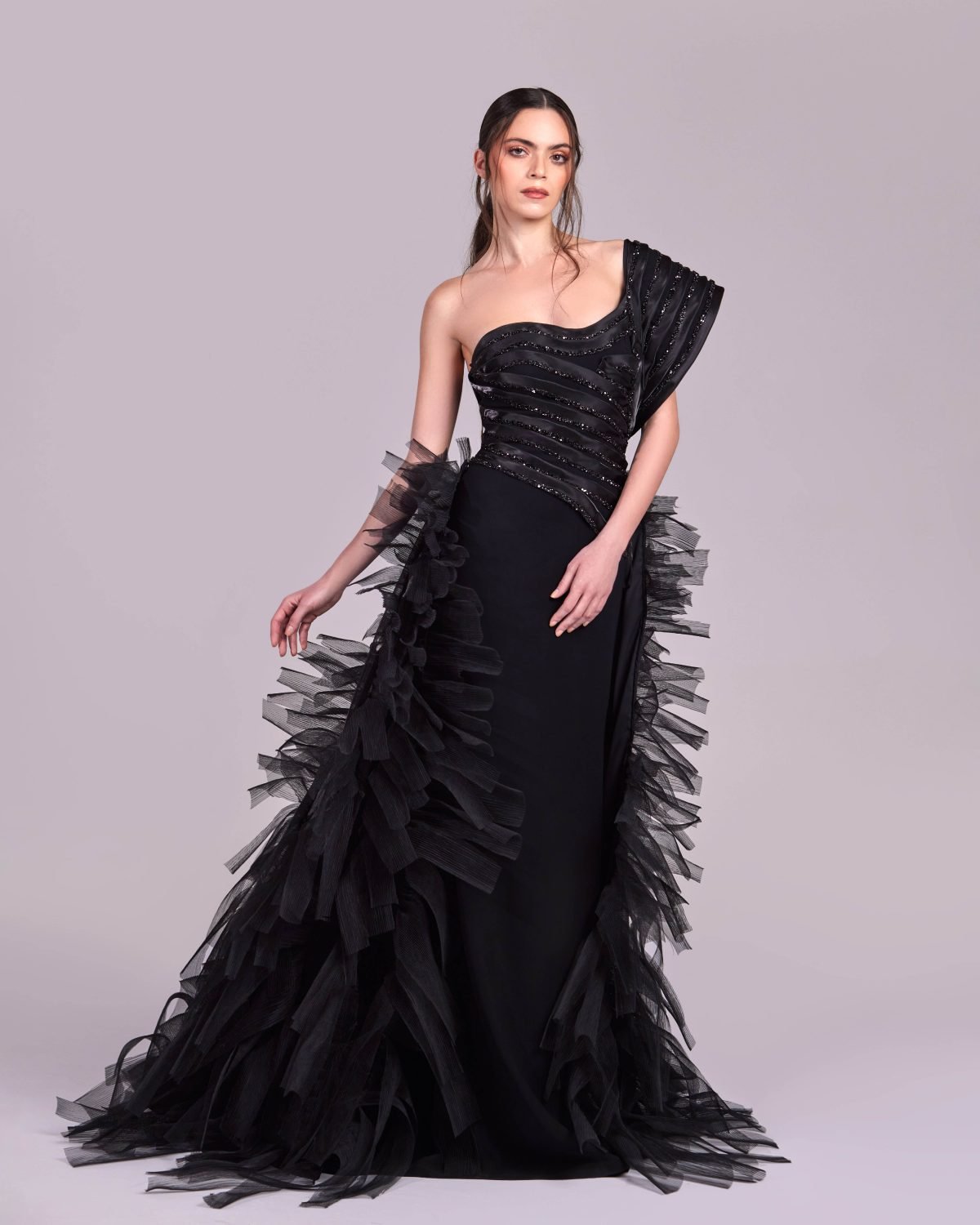 Removable Overskirt, Striped Organza and Lace Gown