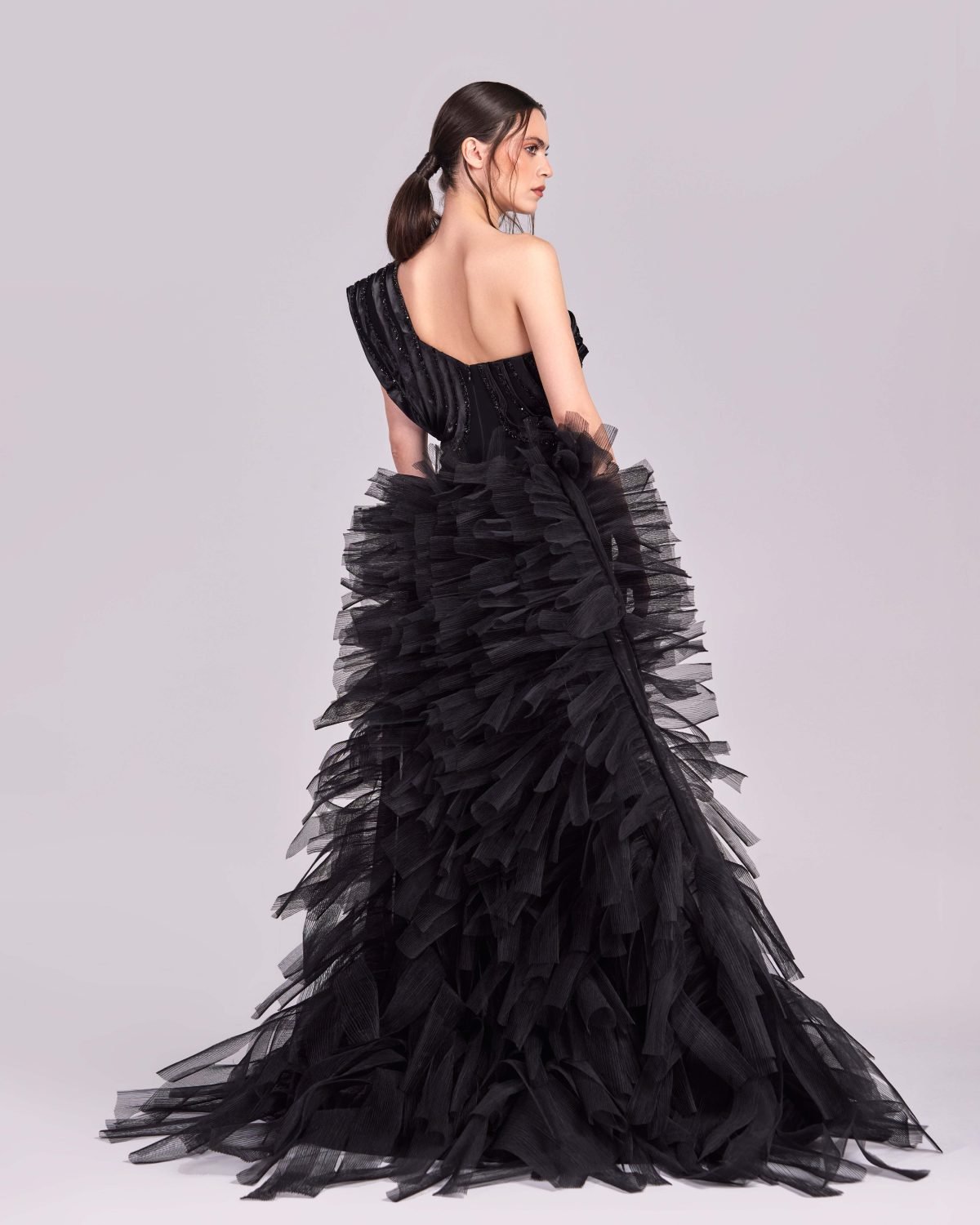 Removable Overskirt, Striped Organza and Lace Gown