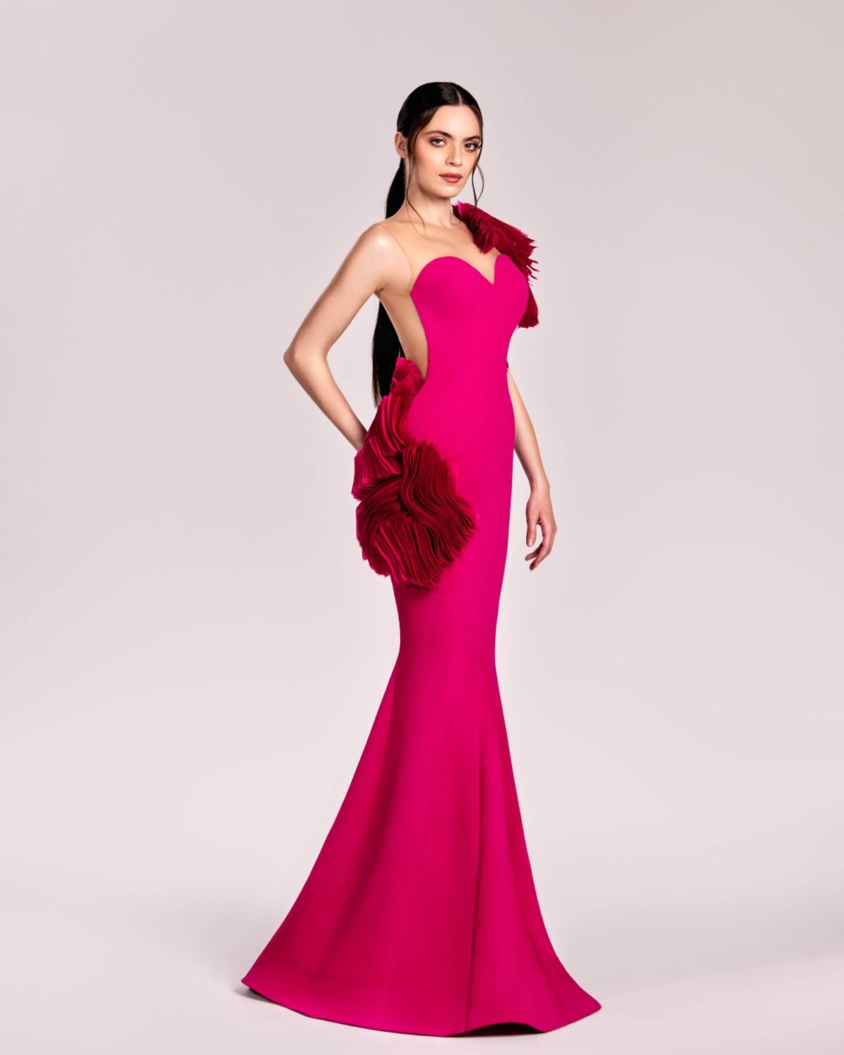 Stunning Fuchsia Mermaid Gown with organza inserts