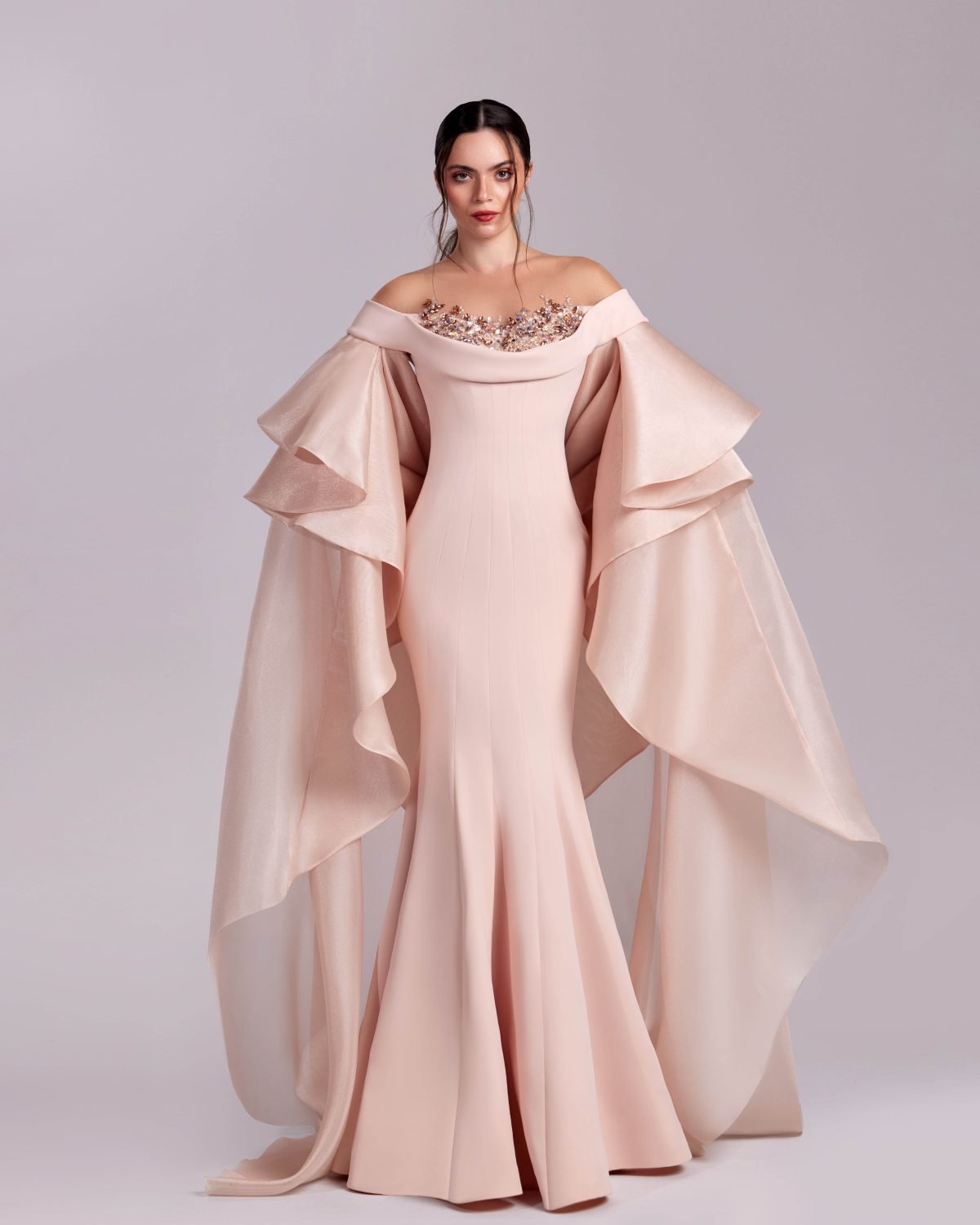 Majestic Embellished Pink Gown with Cascading Sleeves