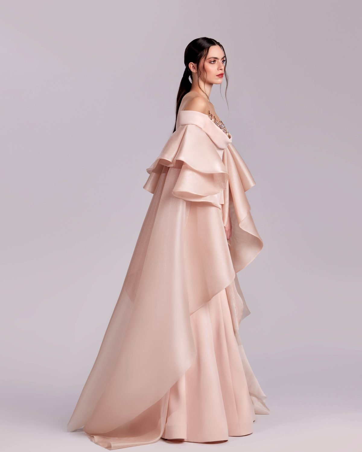 Majestic Embellished Pink Gown with Cascading Sleeves