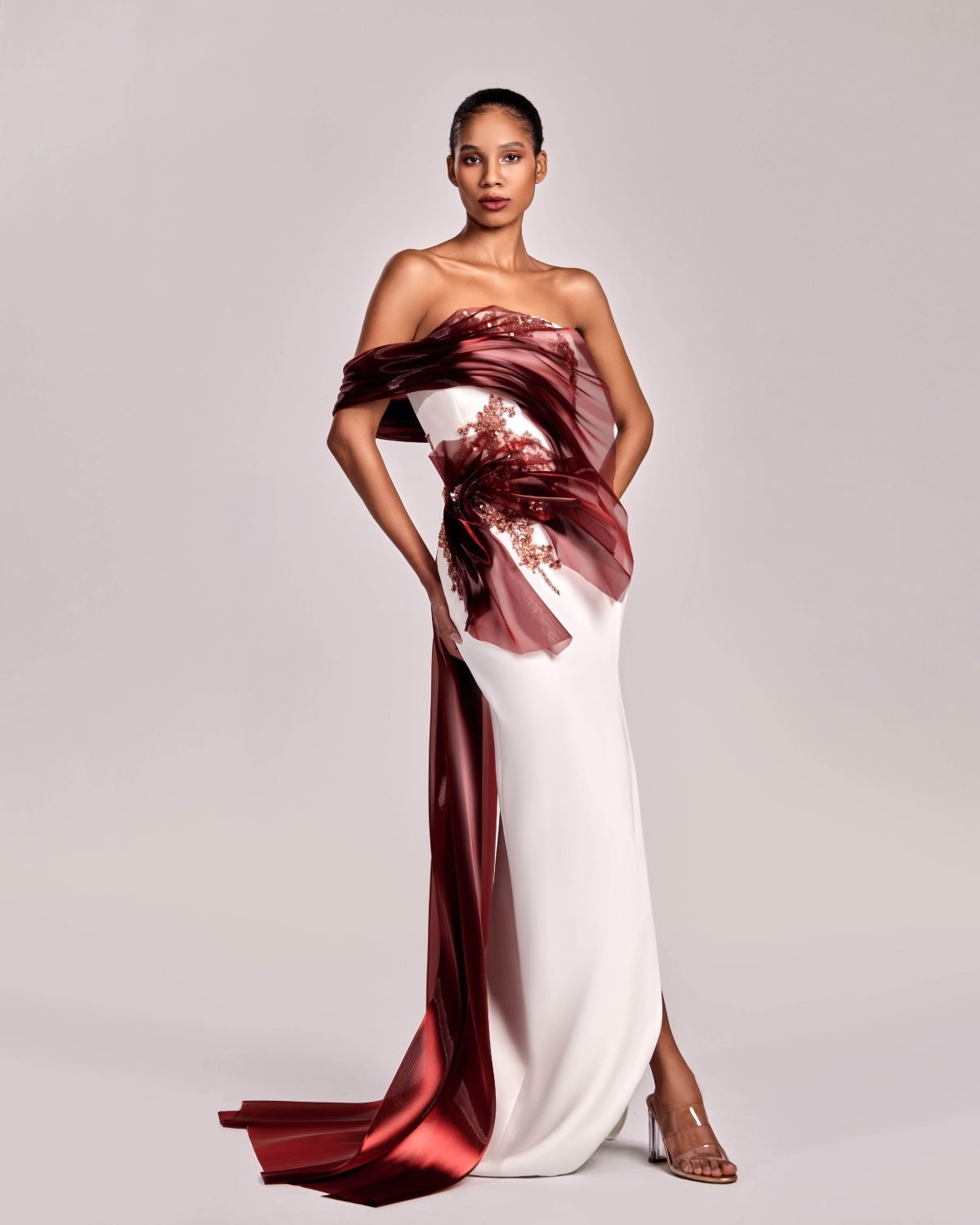 Off-White Gown with Burgundy Red Organza and Lace