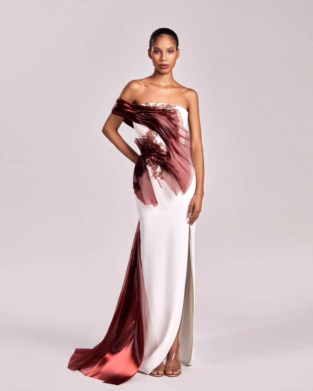 Off-White Gown with Burgundy Red Organza and Lace