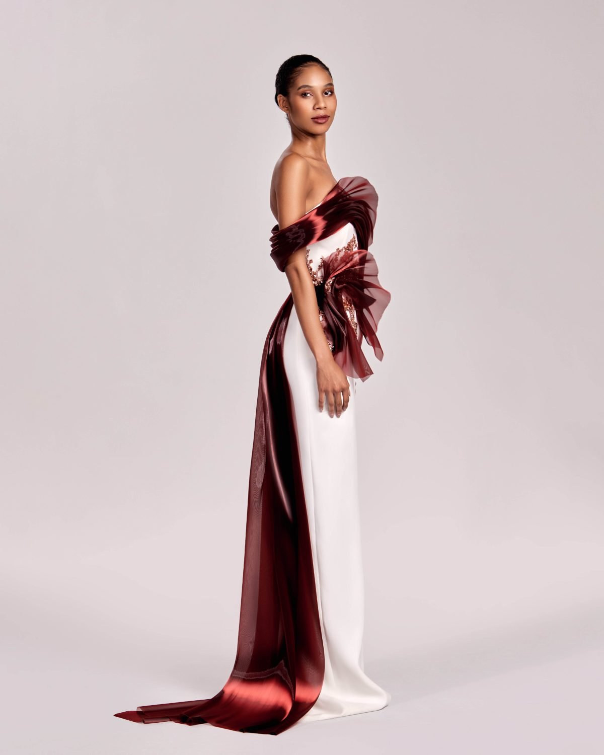 Off-White Gown with Burgundy Red Organza and Lace