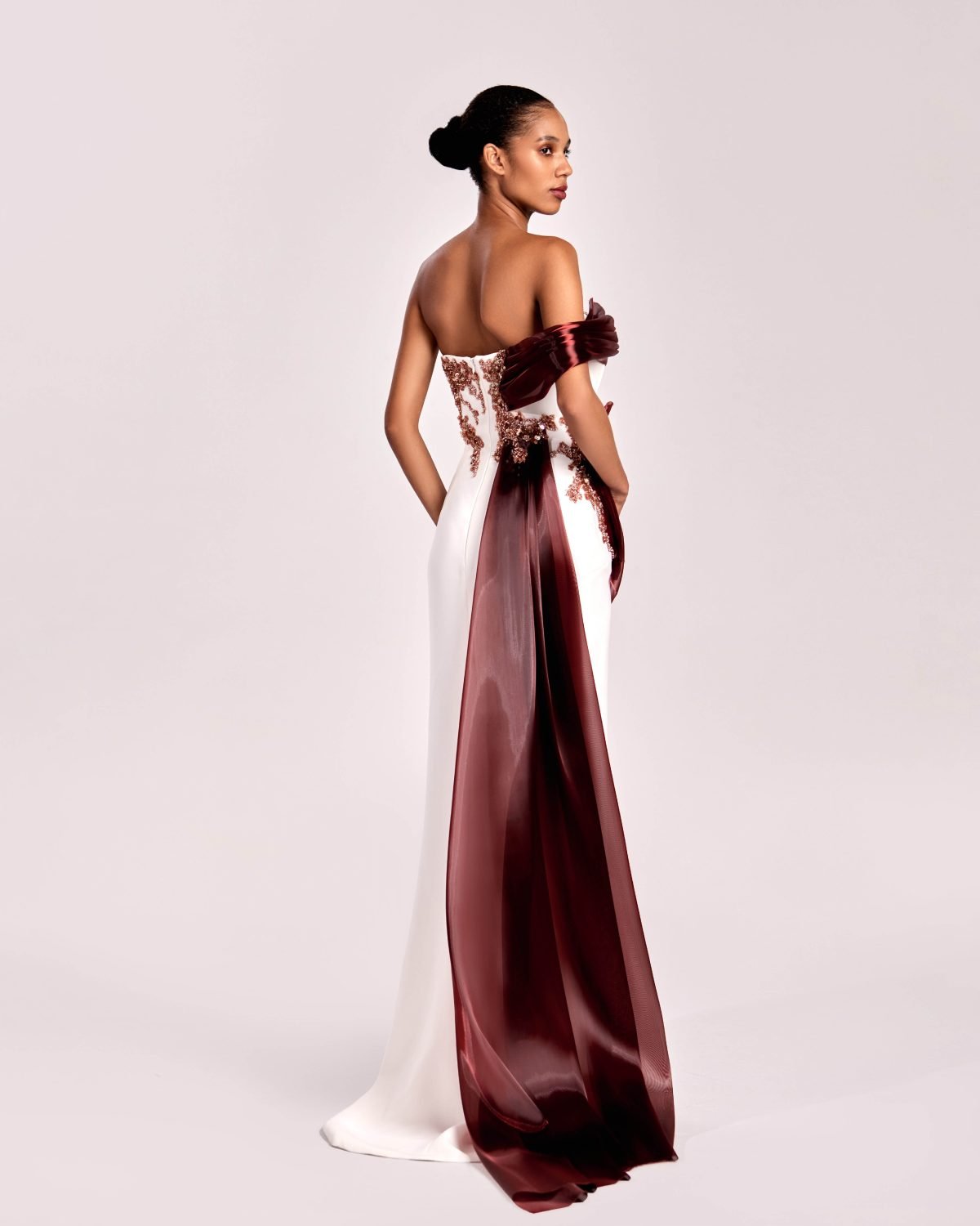 Off-White Gown with Burgundy Red Organza and Lace