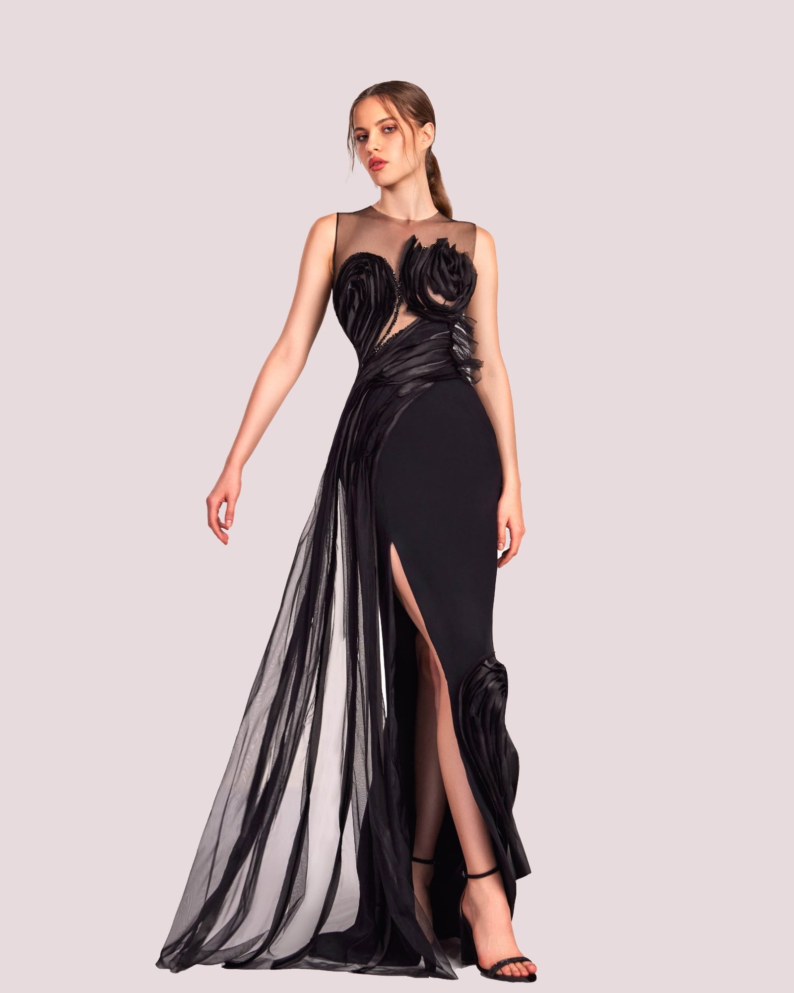 Swirled crystallized bodice with Sheer Illusion Neckline Dress