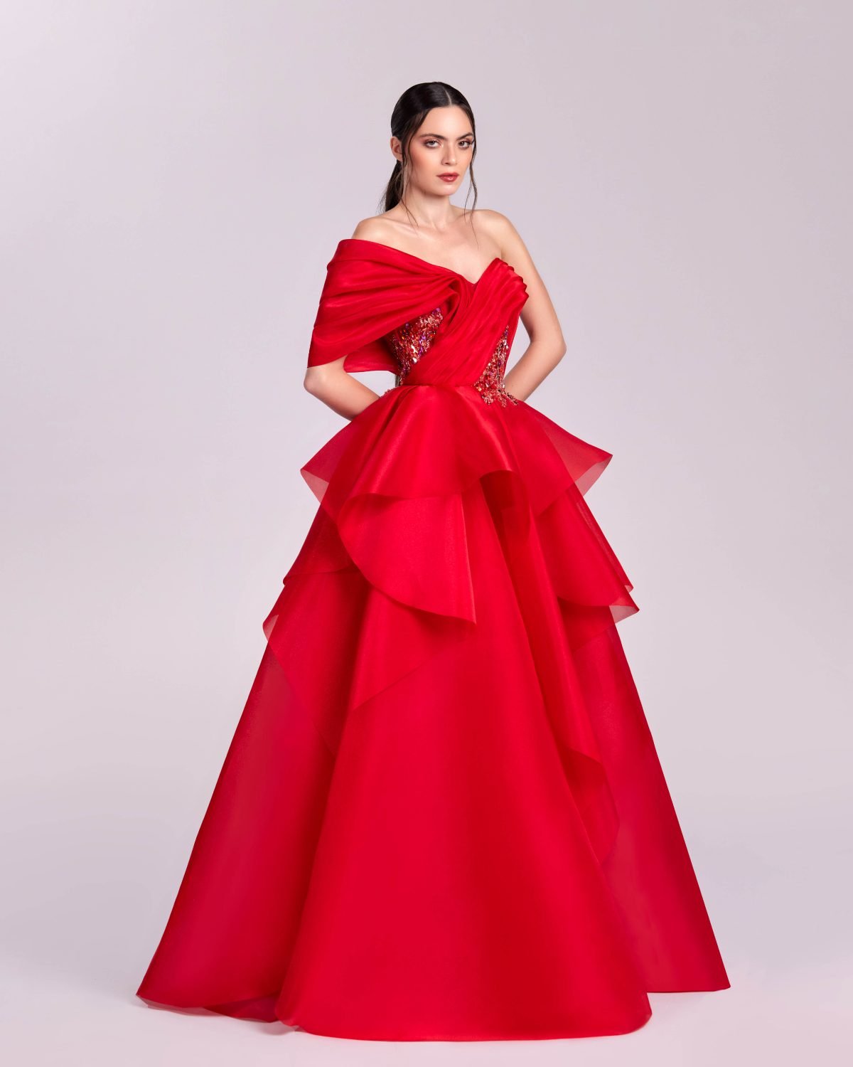 Off-Shoulder Red Ball Gown with Embellished Bodice