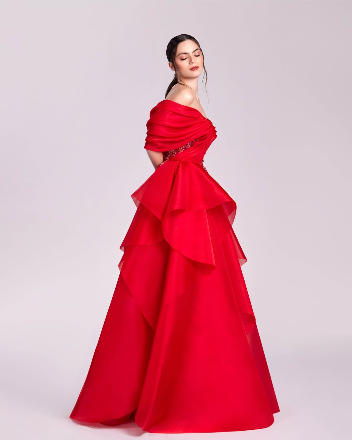 Off-Shoulder Red Ball Gown with Embellished Bodice