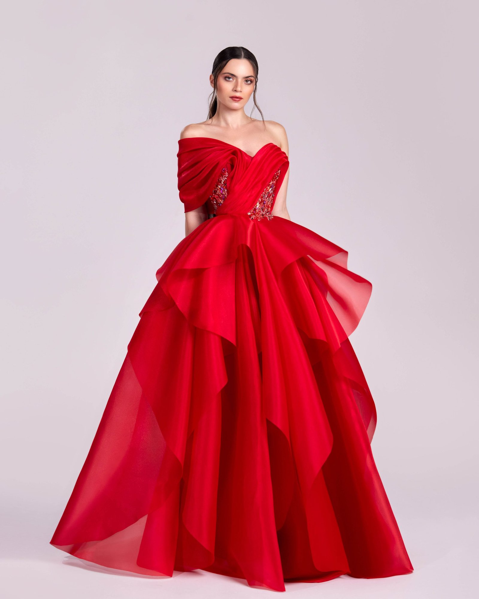 Off-Shoulder Red Ball Gown with Embellished Bodice