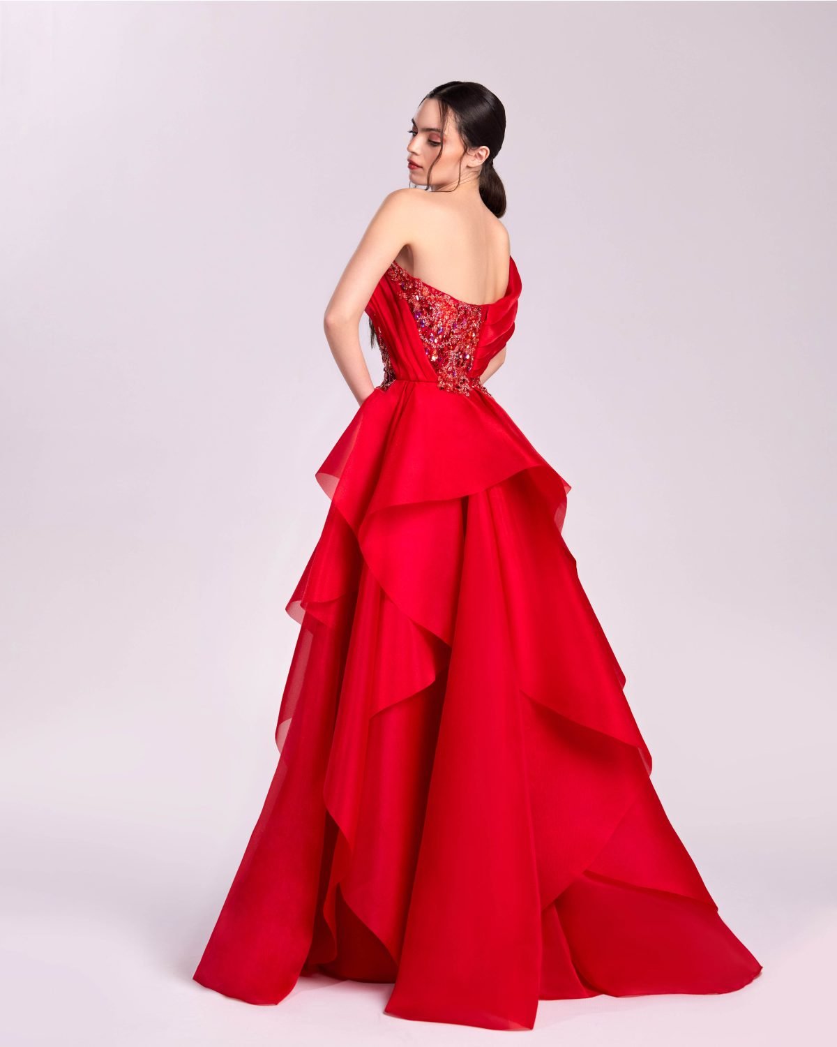 Off-Shoulder Red Ball Gown with Embellished Bodice