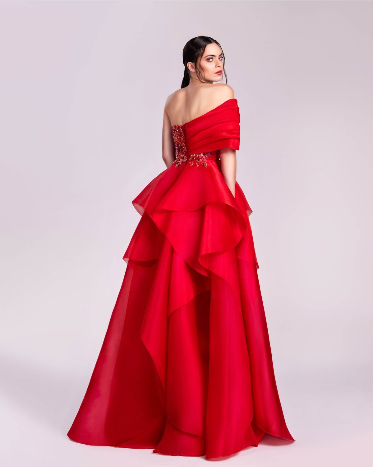 Off-Shoulder Red Ball Gown with Embellished Bodice