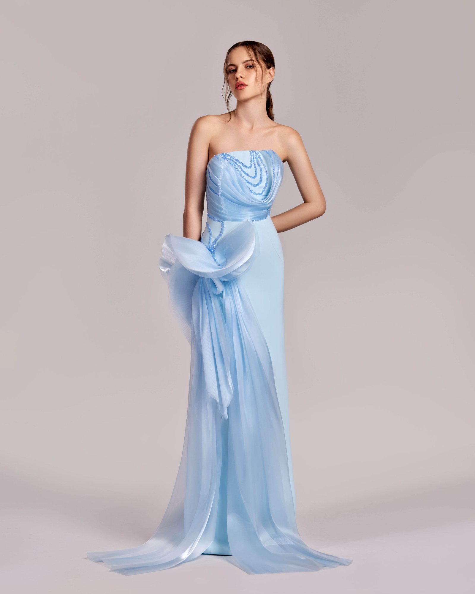 Ice Blue Strapless Dress with Crystal Trims and Manipulated Organza
