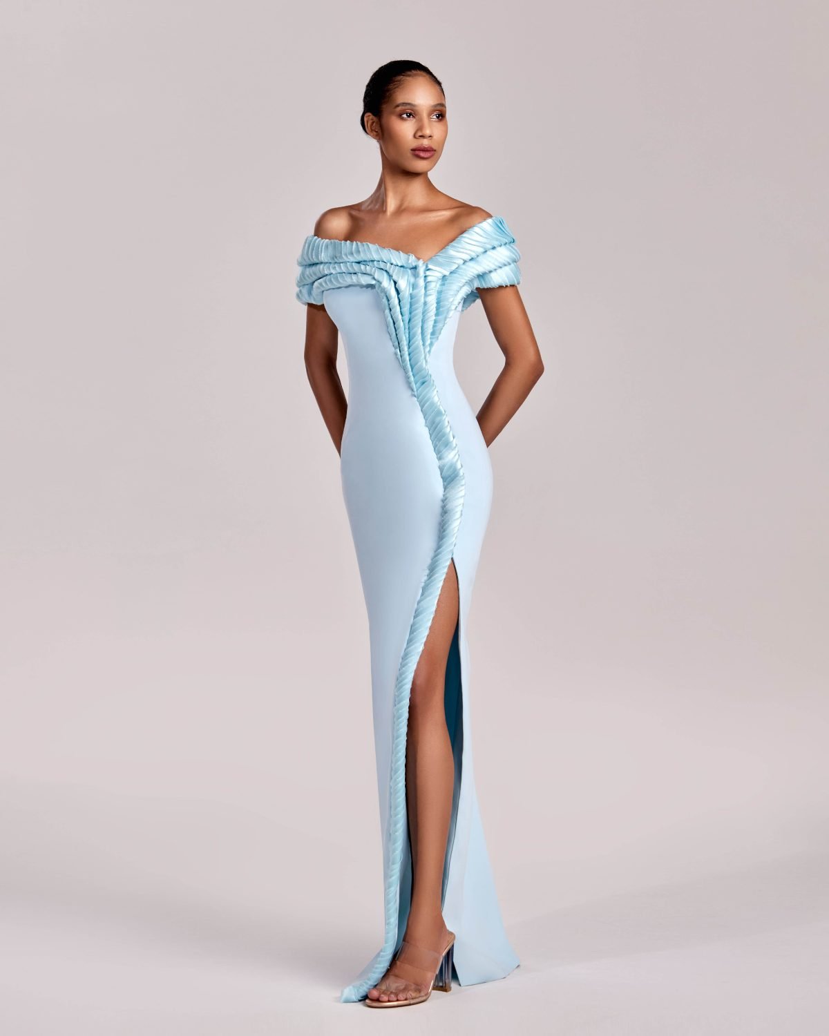 Ice Blue Three Dimensional Pleated Off-Shoulder Evening Dress