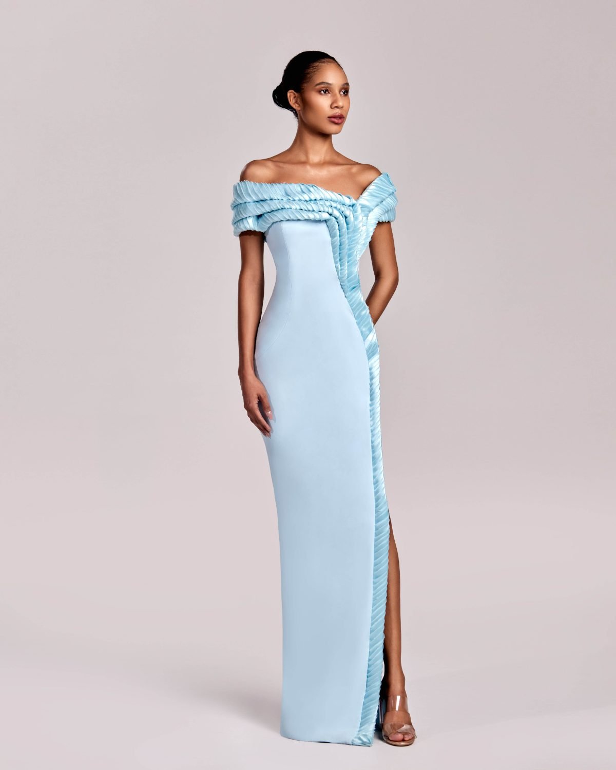 Ice Blue Three Dimensional Pleated Off-Shoulder Evening Dress